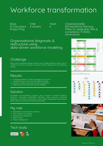 Organizational transformation | Workforce analytics | Stakeholder management | Data-driven insights | Strategic project delivery | Change impact analysis